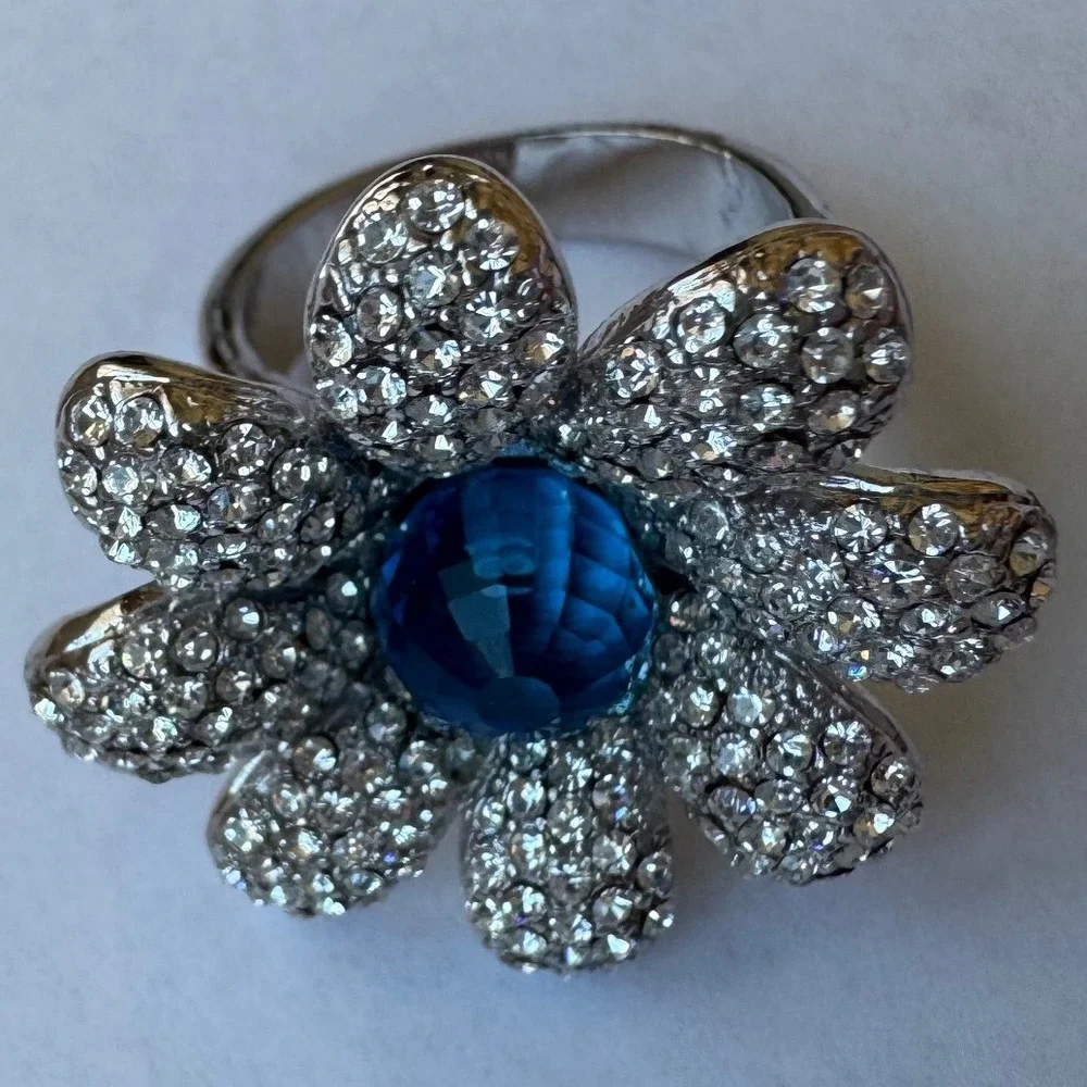 Vintage Nolan Miller Blue Stone Silver Tone Flower Petal Statement Ring Signed